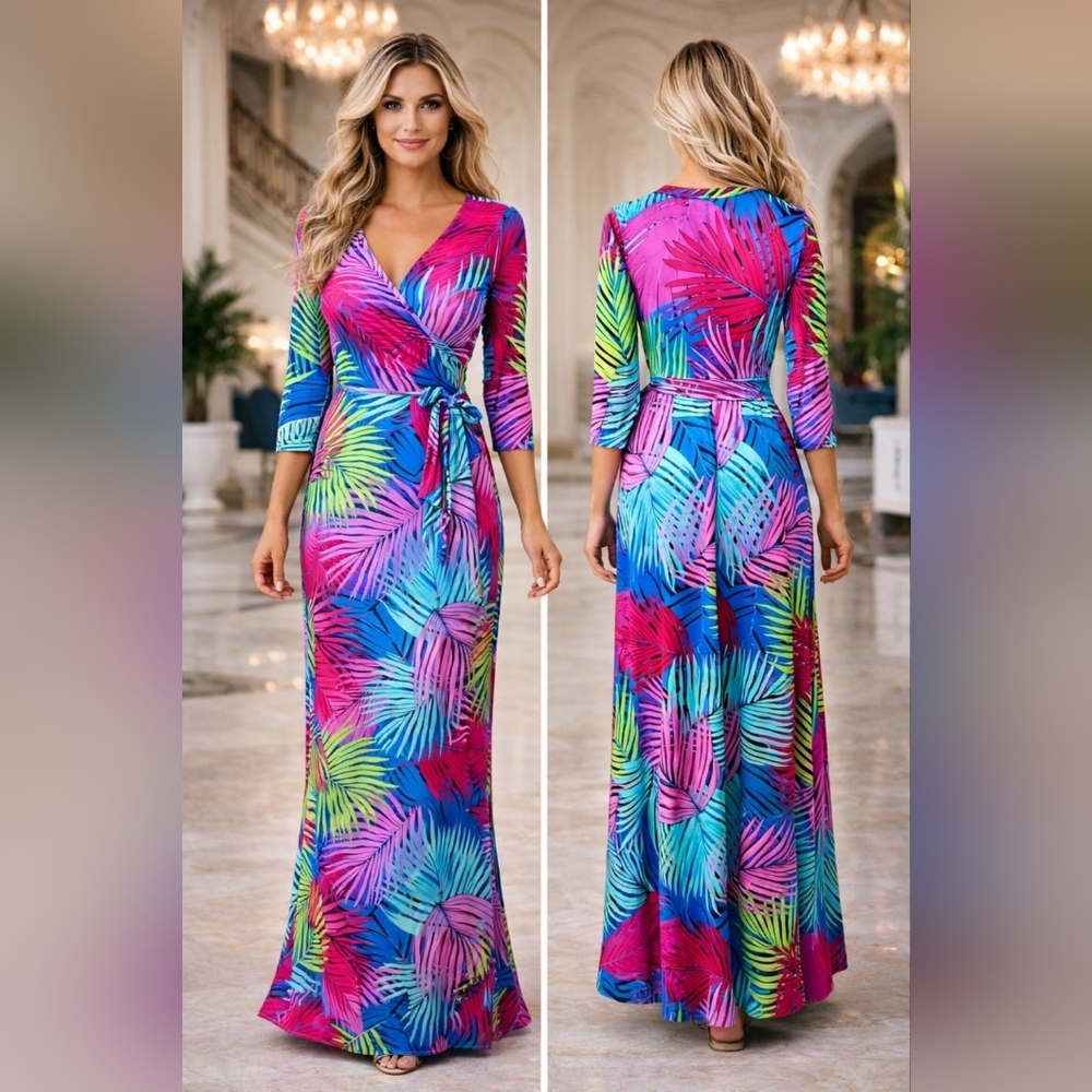 Tropical Women's Multicolor Palm Print Faux Wrap Maxi Dress Size M.